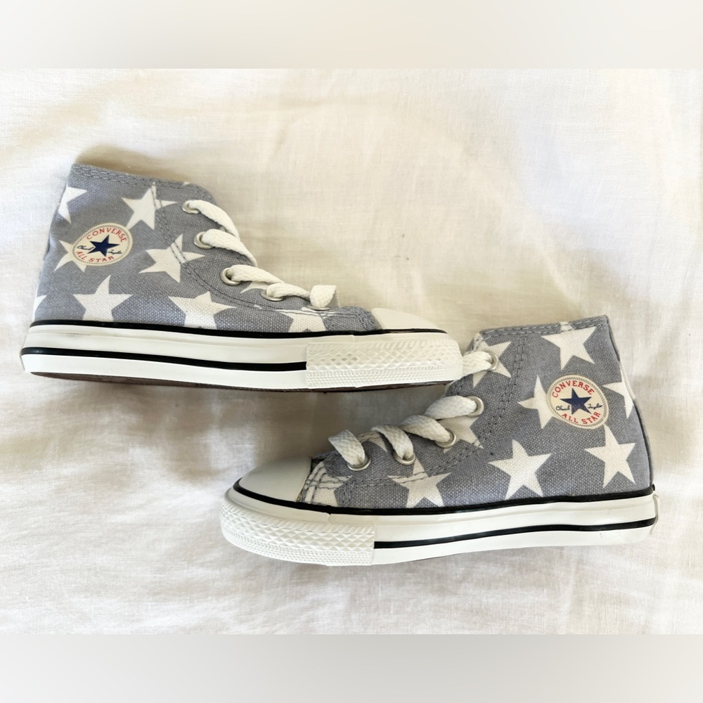Toddler size 8 high top converse light blue with white stars. Never worn